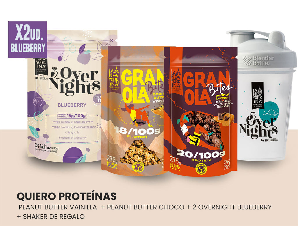 QUIERO PROTEINAS (1 Peanut Butter Vainilla+1 Peanut Butter Choco+2 Overnights Blueberry+Shaker de regalo)