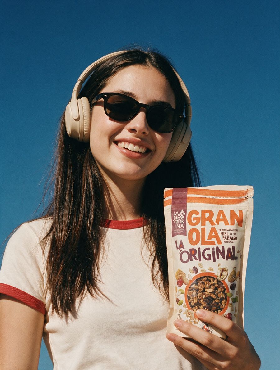 Una chica con gafas de sol sonríe con un paquete de La Original