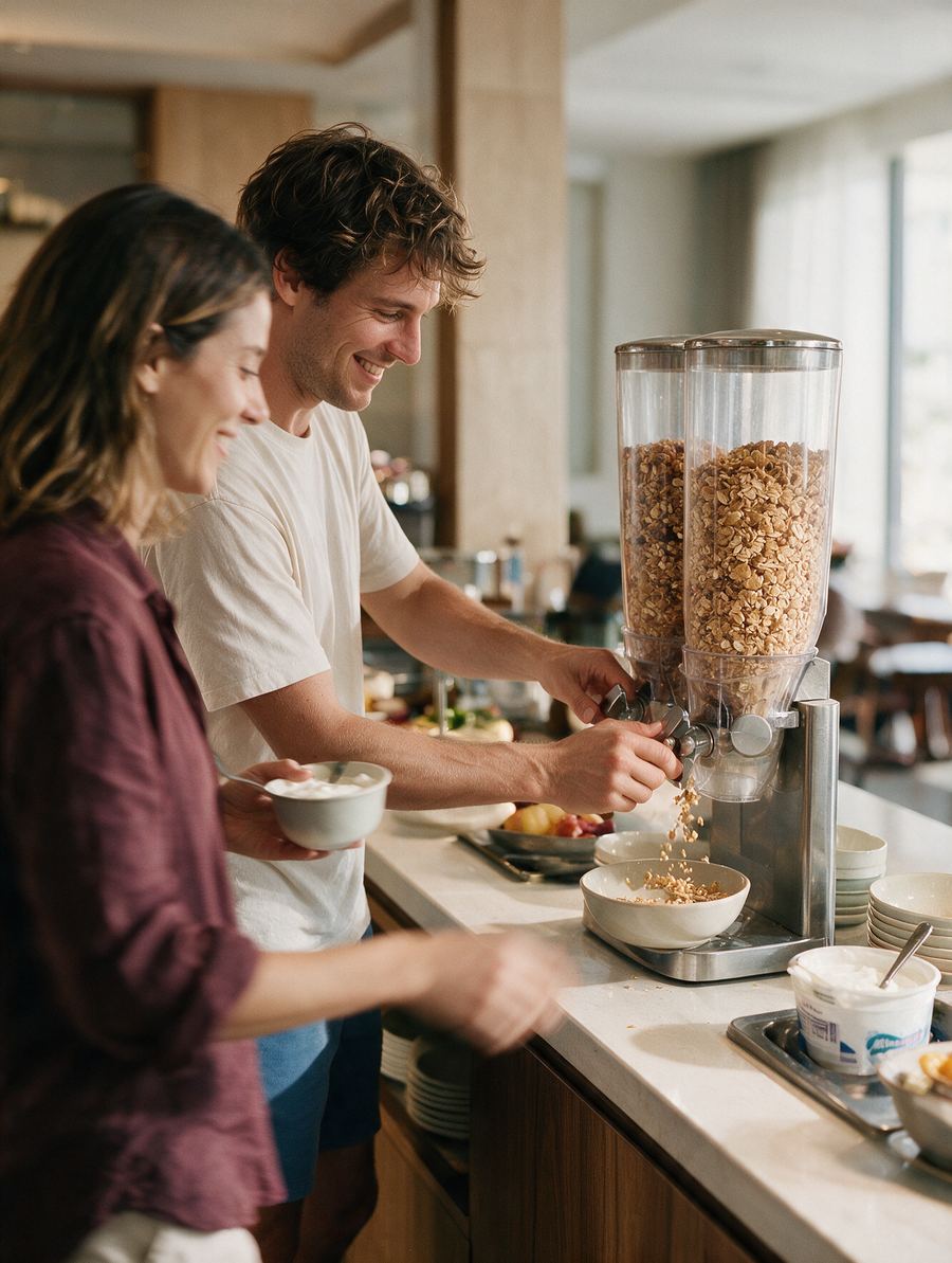 Una pareja se sirve granola del dispensador en la barra de un hotel