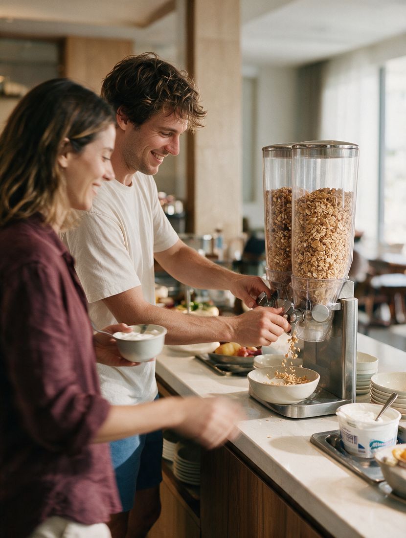 Una pareja se sirve granola en el bufé de desayuno de un hotel